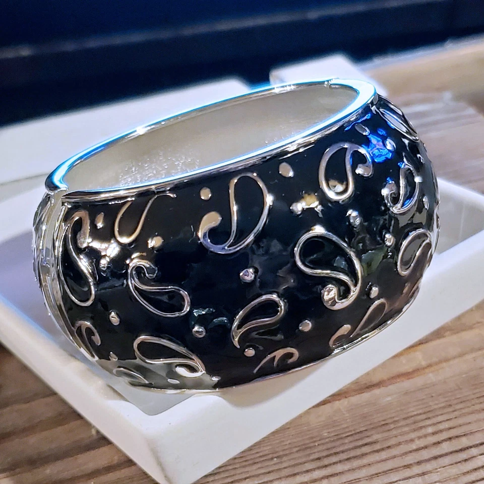 Ретро пейсли эмалированный черный серебряный коренастый широкий шарнирный браслет - Изображение 3 из 4