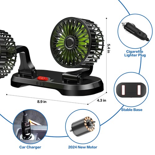 12V / 24V Portable Auto Cooling Fan Dual Head Rotatable 2 Speeds Electric Cooler - Picture 15 of 18