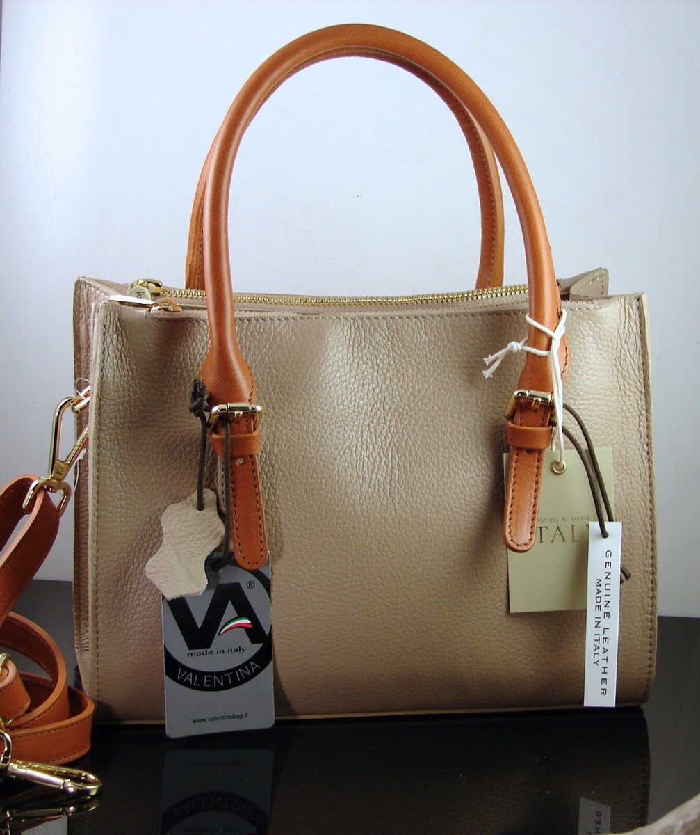 Valentina Made In Italy Beige Pebbled Leather Satchel Shoulder Bag