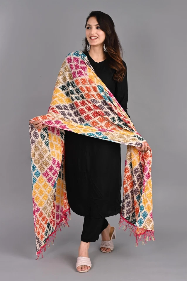 Женский Jaipuri Rajasthani Chinon шелковый шарф бандани Bandhej Dupatta с кружевом - Изображение 3 из 4