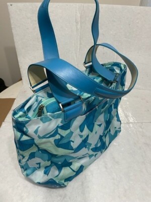 Tumi Nylon Tote Blue Teal leather Handle Bag Purse pink lining wristlet  wallet