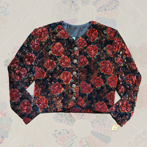 Vintage 80s Quilted Dark Velvet Rose Victorian Tapestry Cropped Blazer Size M - 第 1/9 張圖片