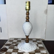 Vintage Milk Glass Hobnail W/ Wood Electric Table Nightstand Lamp 14" No Shade