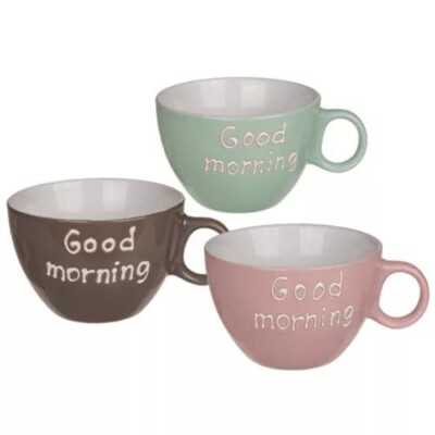 3er SET GOOD MORNING KAFFEE TEE HEISSBECHER TASSE KÜCHE FEINPORZELLAN NEUHEIT GESCHENK