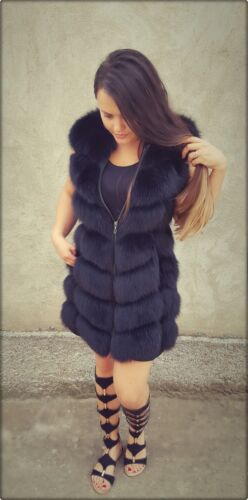 100 % fourrure véritable gilet fourrure de renard cuir véritable agneau manteau de luxe moderne noir veste - Photo 1/4
