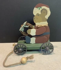 Handmade Ladie and Friends Inc. Wood Christmas Bear & Wagon Pull Toy Decoration