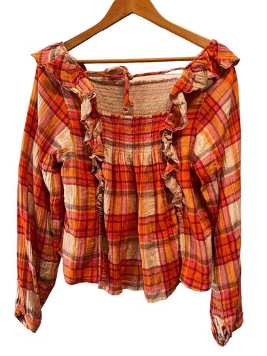 We The Free People Orange Tee Kombi Sienna Karo Pullover Bluse Gr. M Rüschen - Bild 1 von 9