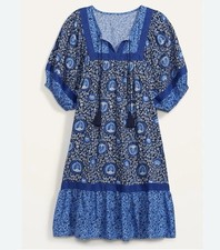 Old Navy Dress Womens M Blue Floral Patchwork Prairie Cottagecore Boho Peasant