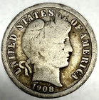 1908-P Barber Dime First Year Issue 90% Silver 10c US Coin- 4007