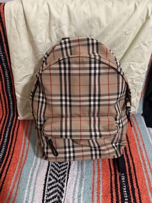 Authentic Burberry Jett Vintage Check Backpack in Archive Beige with Red Lining