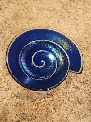 Vintage 1998 Clarita s Studio blue fused glass spiral nautilus bowl Signed