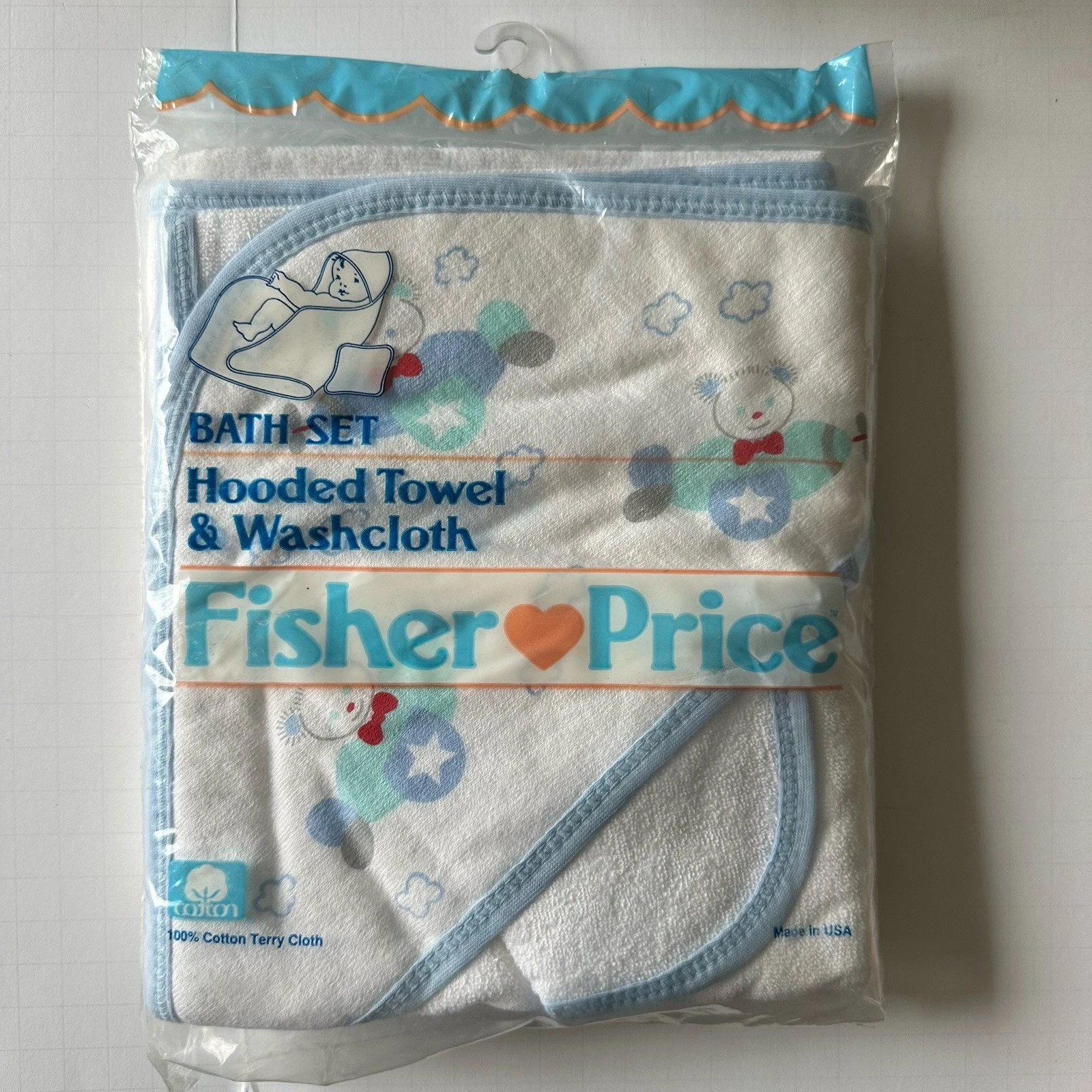 Vintage 1991 NOS Fisher Price Bath Set Baby Hooded Towel & Washcloth 100% Cotton