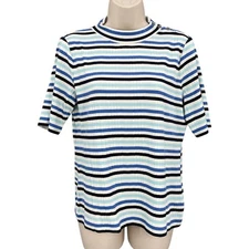 Talbots Nautical Striped Mock Neck Top Coastal Preppy Ribbed Knit Shirt Size LP