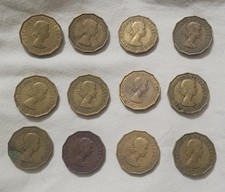 Lot of 12 Elizabeth II Threepence Coins (1953-1967)