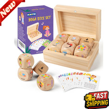 Wooden Kids' Exercise Dice Set - 6 Dice, 12 Yoga Cards & Gift Box - Fun Workout