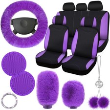 Tallew 17 Pcs Purple Car Seat Cover Full Set for Women Fluffy Car Decor Steer...