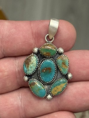 STERLING SILVER PILOT MOUNTAIN TURQUOISE 7 STONE CONCHO SHOT CLUSTER PENDANT 925