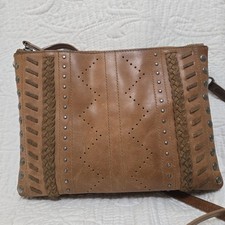 Lucky Brand Small Crossbody Studded Braid Tan Triple Entry Zip Closure Festival