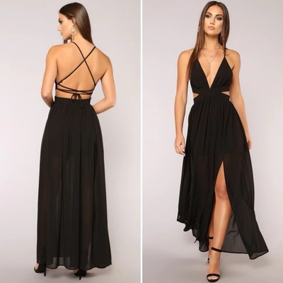 NWT NEW FASHION NOVA LANAI BLACK CUT OUT SLIT LEG OPEN BACK BACKLESS MAXI  DRESS | eBay