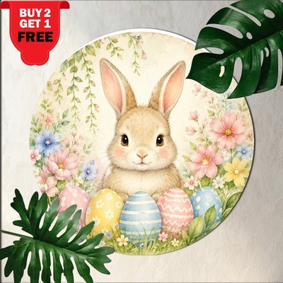 Easter Bunny Colored Eggs Round Metal Sign Festive Spring Holiday Wall Decor
