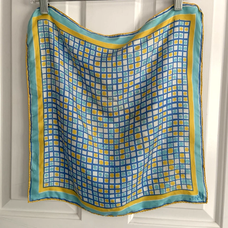 Vtg Vera Small 17in Square Silk Scarf Aqua Blue and Yellow Square Grid pattern - Image 4 of 4