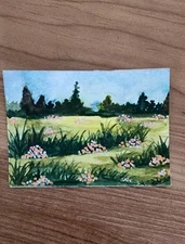 ACEO original artist trading cards watercolor landscape trees flowers fields art