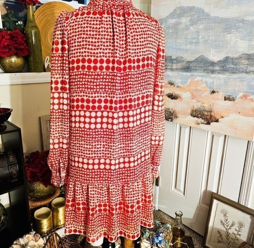 LOFT Red & White Preppy Heart Dot Print Long Sleeve Mini Dress XS |Fits S/ M - Picture 5 of 11