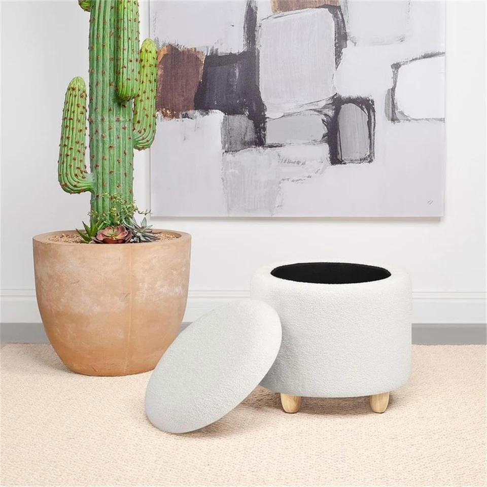 Pemberly Row Modern Fabric Upholstered Round Storage Ottoman Ivory - Image 3 of 4