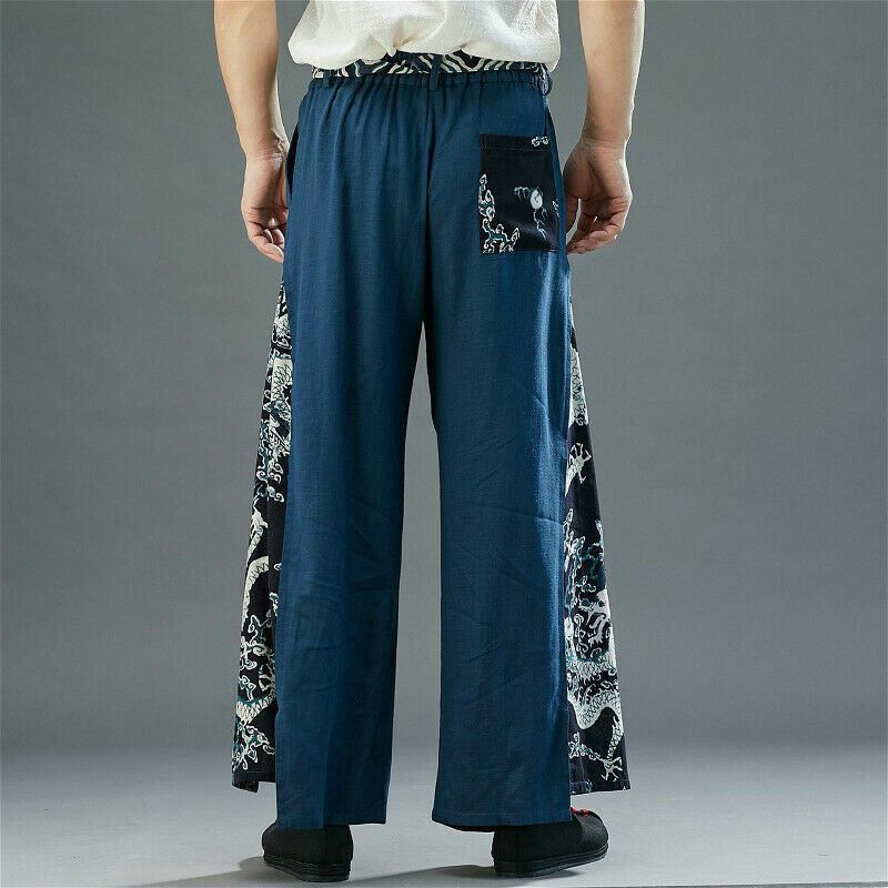 Men Dragon Print Loose Pants Vintage Cotton Linen Wide Leg Trousers Baggy  Casual | eBay