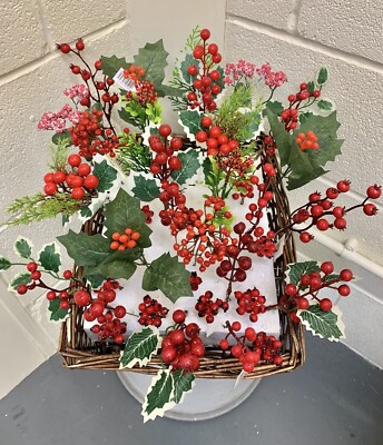 20x rote Beerenstiele Restposten künstliche Pick Stechpalme Beeren Weihnachtskranz Früchte