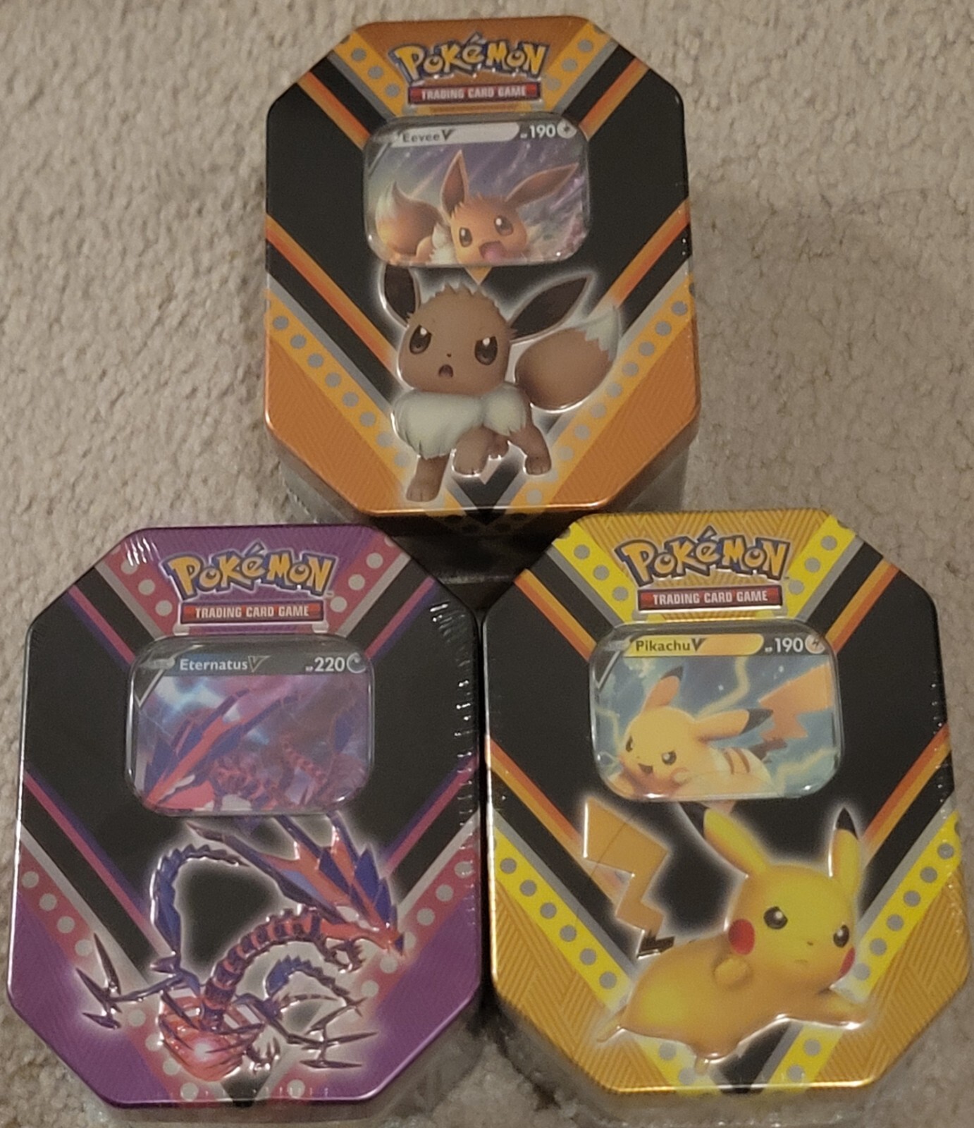 2020 Pokemon Pikachu Eevee Eternatus V Powers Tins Set of 3 Sealed New
