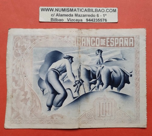 @INEDITO y RARO ERROR FALTA DE COLOR@ BILBAO 100 PESETAS 1937 EUZKADI BILLETE - Picture 2 of 5