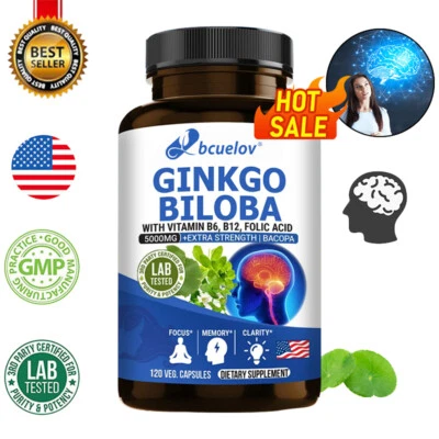 BCUELOV Ginkgo Biloba Extract High Strength 5000mg Capsules Blood Circulation Memory