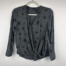 Rails Hillary Surplice Crossover Faux Wrap Top Shirt Gray Ash Cheetah Stars S