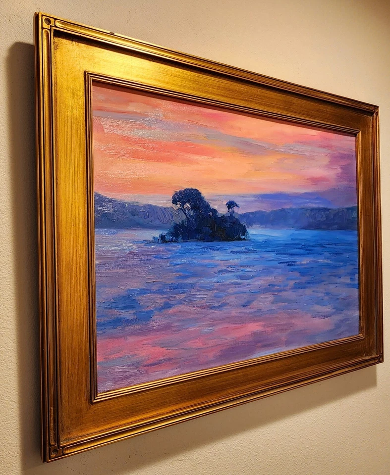 Pintura al óleo original de paisaje del suroeste americano puesta de sol en marco de hoja de oro Foto 2 de 4