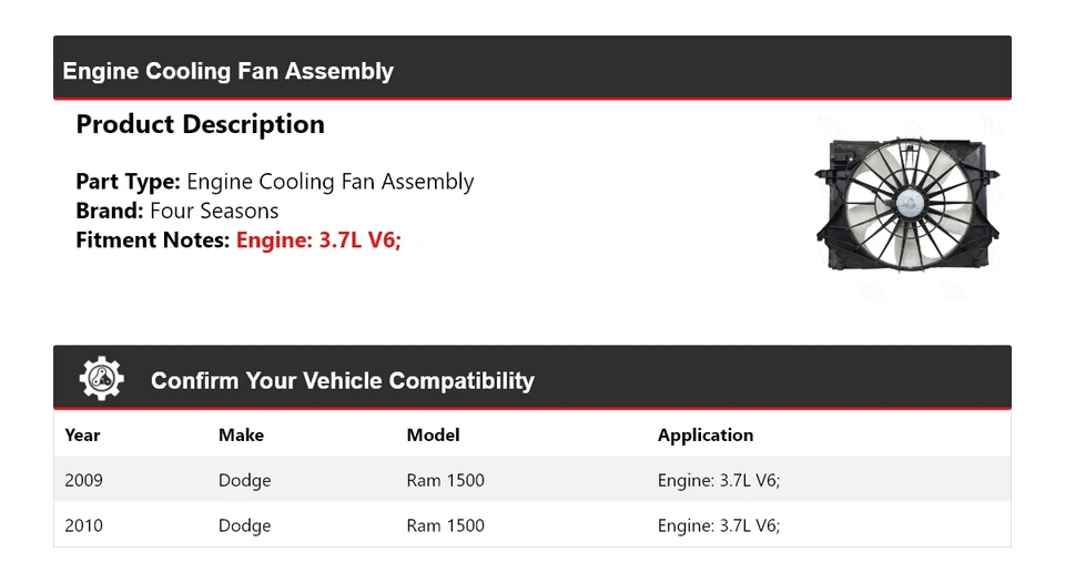 Conjunto de ventilador de refrigeración del motor V6 de 3,7 L para Dodge Ram 1500 2009-2010 4 estaciones Foto 2 de 4