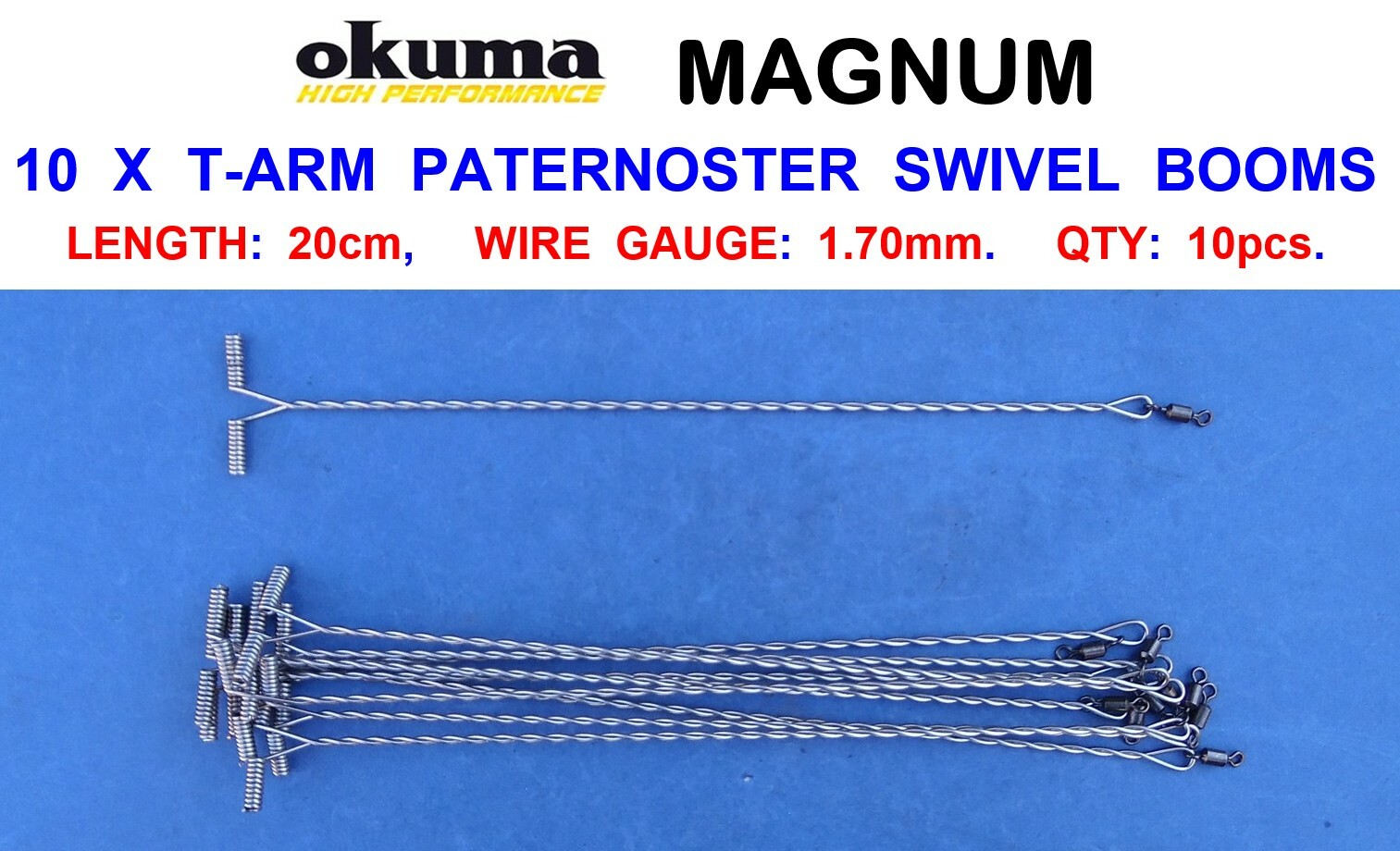 10 OKUMA 20cm T-ARM WIRE PATERNOSTER SWIVEL BOOMS FOR BOAT SEA FISHING RIGS LURE