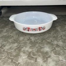 Vintage 1960s Fire King 450 Primrose Pink & Red Flower 8" Round Casserole Cake