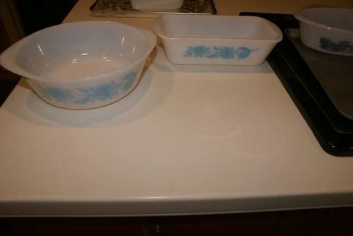 Vintage Glasbake Turquoise White Milk Glass LOT OF 2 (1)8.5"D ROUND BOWL(1) LOAF