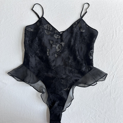 VICTORIAS SECRET Vintage Gold Label Body Teddy Blumen Rüschen LARGE High Cut - Bild 1 von 6