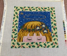 Christmas Angel Holly Halo Handpainted Needlepoint Canvas Holiday Pillow