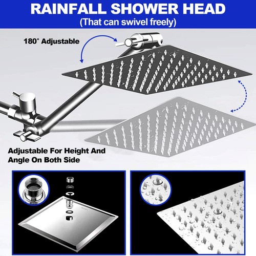 High Pressure Adjustable 8” Rain Square Shower Head with Handheld Spray Combo & - Picture 3 of 13