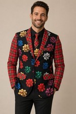 Holiday Time Christmas Gift Bow Print Blazer Jacket Tie Set Men s M 38-40