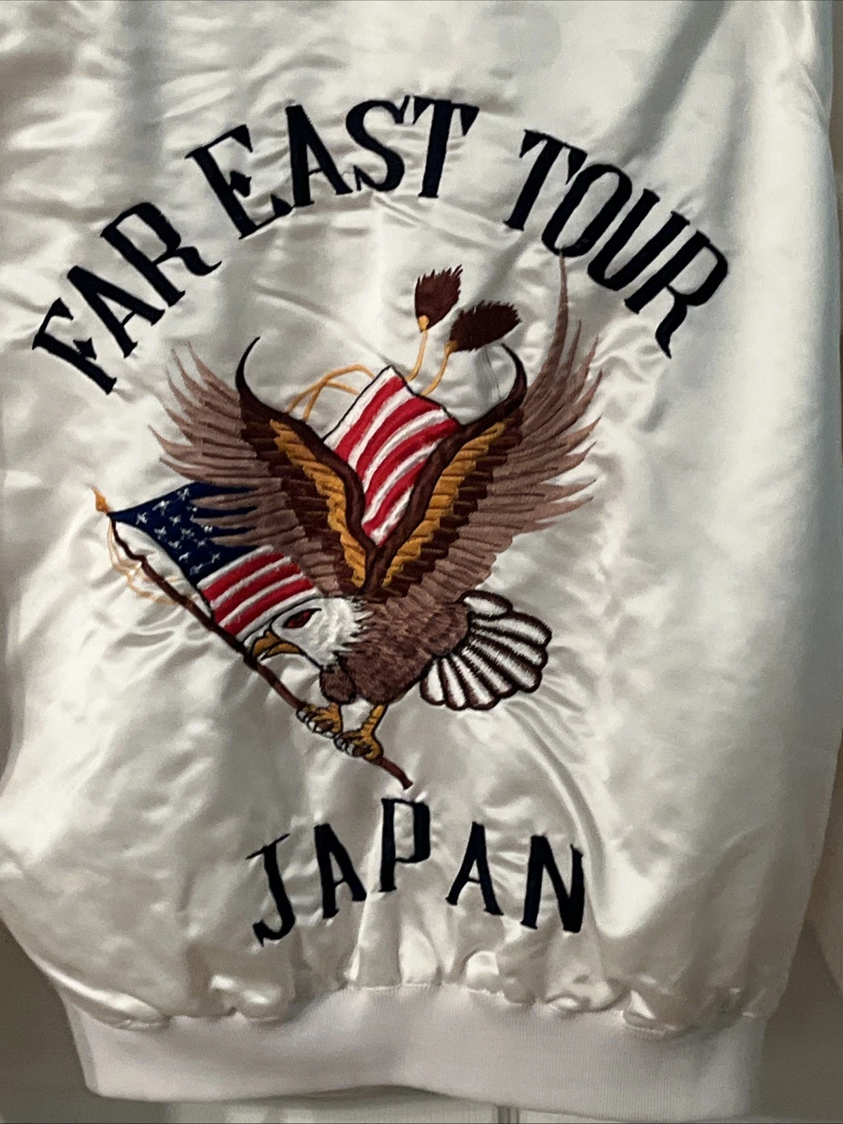 Vintage Far East Tour Japan Jacket White Satin Snap Embroidered Eagles Souvenir image 1