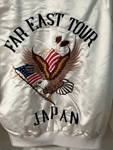 Vintage Far East Tour Japan Jacket White Satin Snap Embroidered Eagles Souvenir - product listing photo