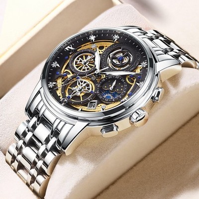 Herren Skelett Zifferblatt Quarz Uhr Edelstahl Armband Wasserdicht Datum