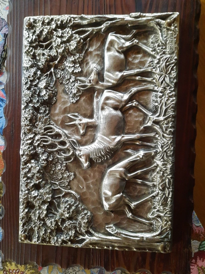 Jagdmotiv, Metall?,Relief, Künstlerhandwerk, Hirschrudel, Meisterhand Geschnitzt - Bild 3 von 4