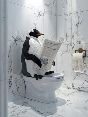 Lustiger Pinguin sitzt auf Toilette und liest Zeitung - Humorvolles Badezimmer Poster A1 -