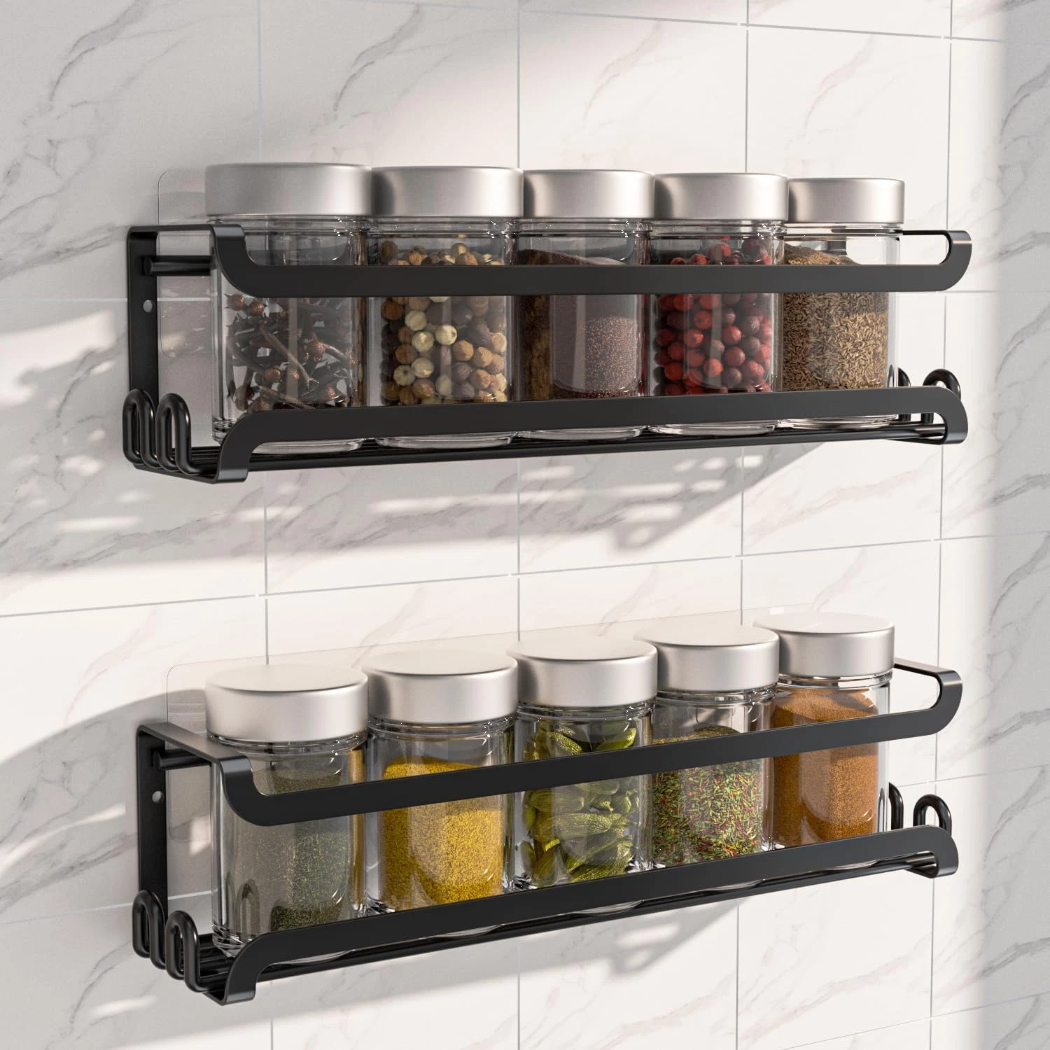 LUCYCAZ 2 Pack Wall Mounted Spice Rack with 8 Hooks, Spice Organizer Shelf for S