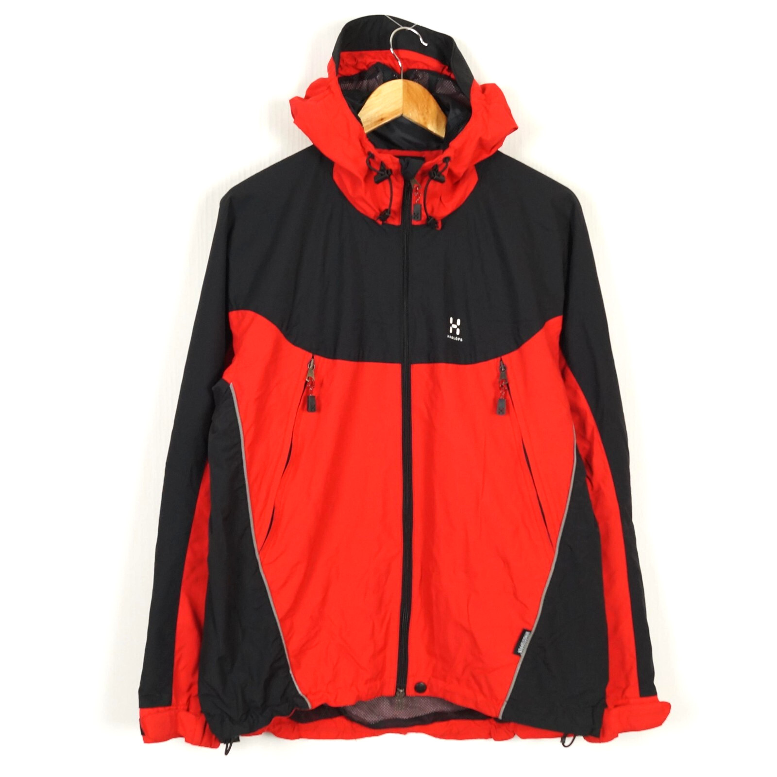 HAGLOFS Hombres Chaqueta Cortavientos Talla M Capucha Rojo Malla Forrada Poli...
